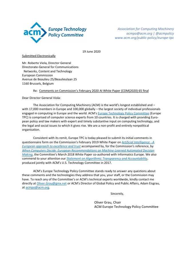 Page 1 of EC AI White Paper consultation submission