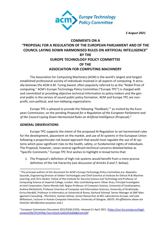 Page 1 of Comments on the proposed AI Act