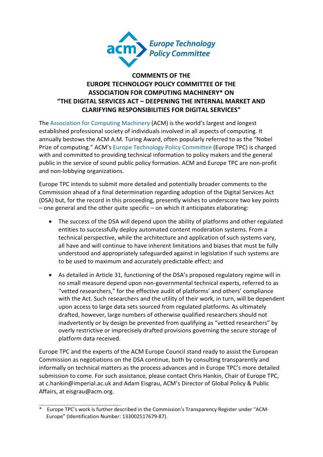 Page 1 of Digital Services Act comments