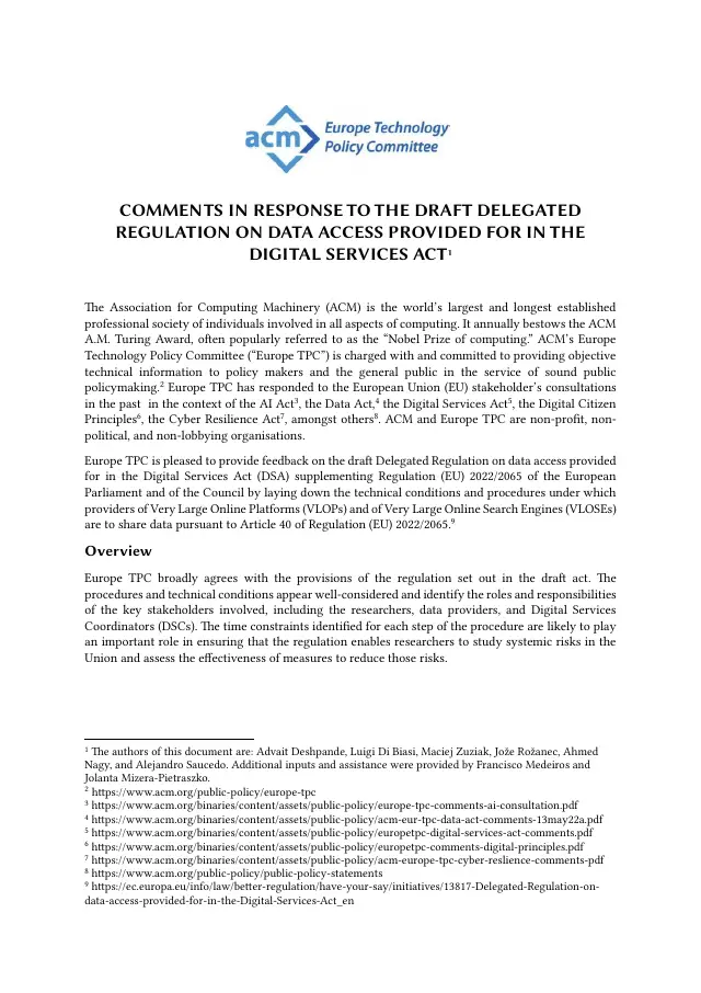 Page 1 of Digital Services Act delegated-regulation comments