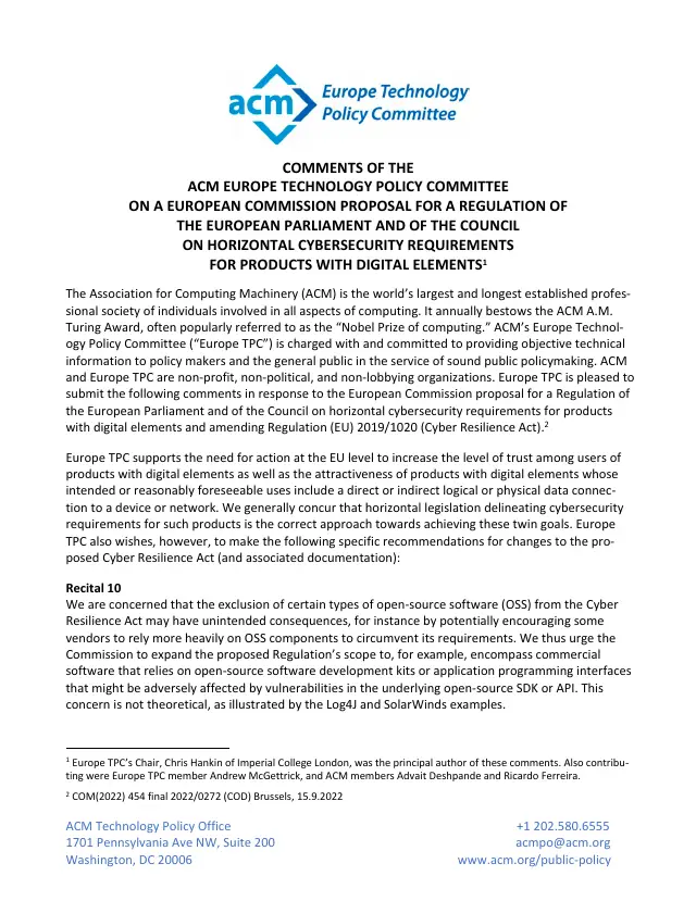 Page 1 of Cyber Resilience Act comments