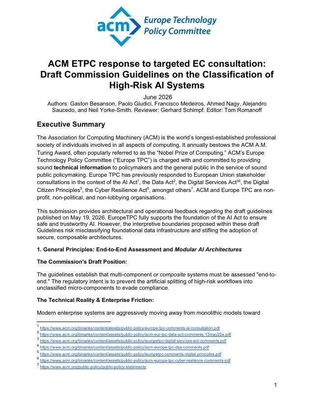 Page 1 of High-risk AI classification guidelines response