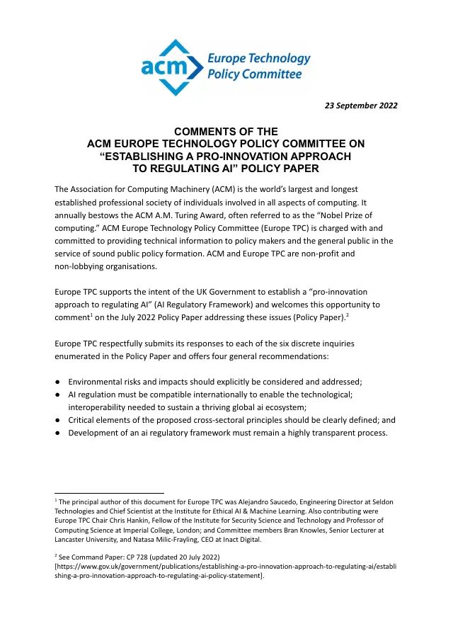 Page 1 of UK AI regulatory framework comments