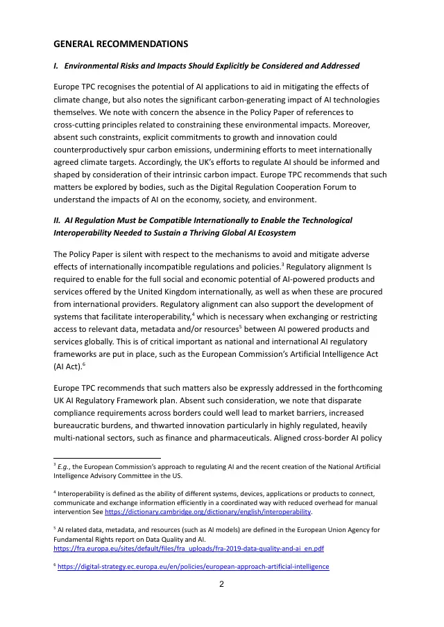 Page 2 of UK AI regulatory framework comments