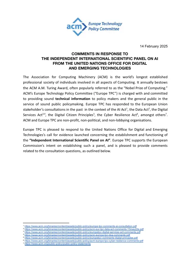 Page 1 of Independent International Scientific Panel on AI consultation