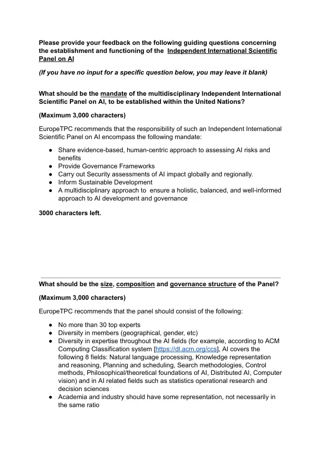 Page 2 of Independent International Scientific Panel on AI consultation