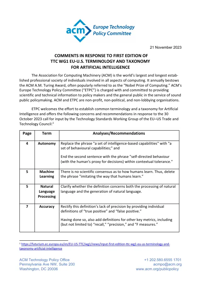 Page 1 of EU–US TTC AI taxonomy comments