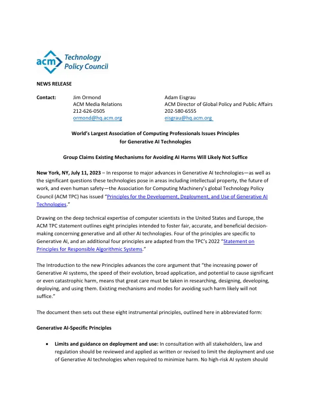 Page 1 of Principles for the Development, Deployment, and Use of Generative AI Technologies