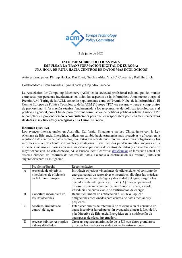 Page 1 of Data-centre statement: Spanish