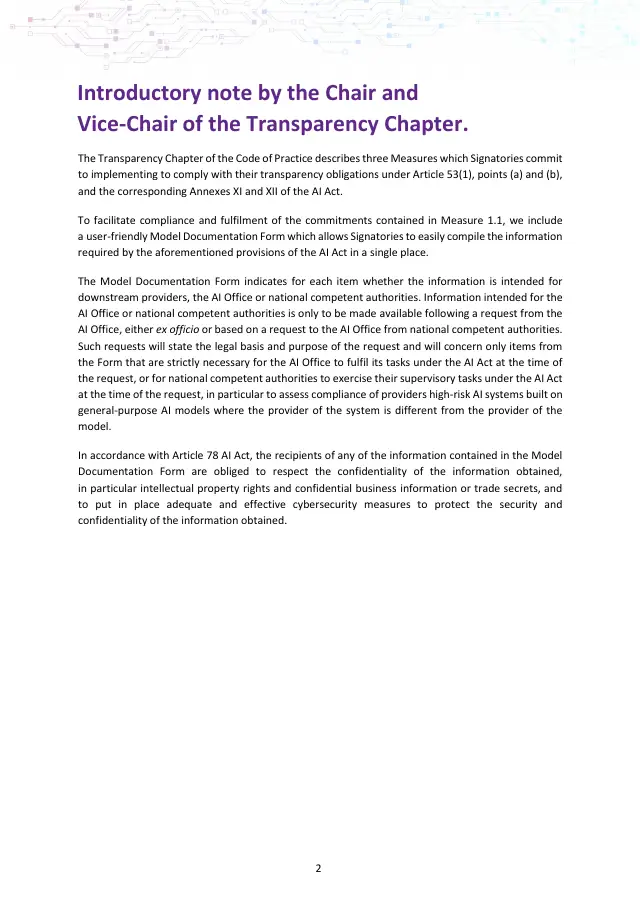 Page 2 of GPAI Code of Practice: Transparency chapter