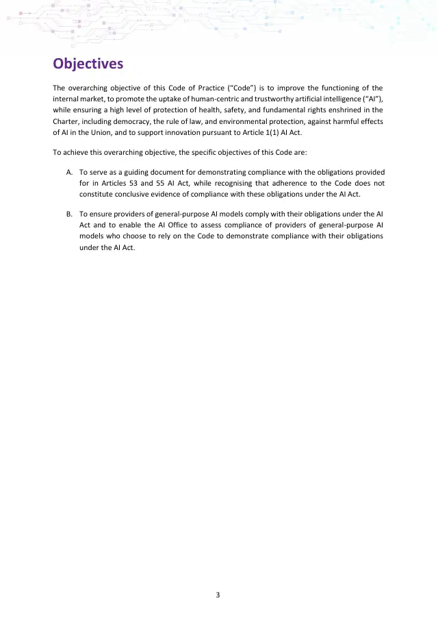 Page 3 of GPAI Code of Practice: Transparency chapter