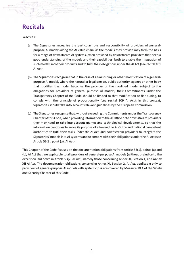 Page 4 of GPAI Code of Practice: Transparency chapter