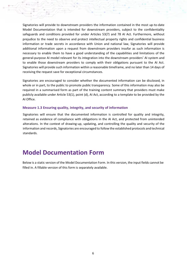 Page 6 of GPAI Code of Practice: Transparency chapter