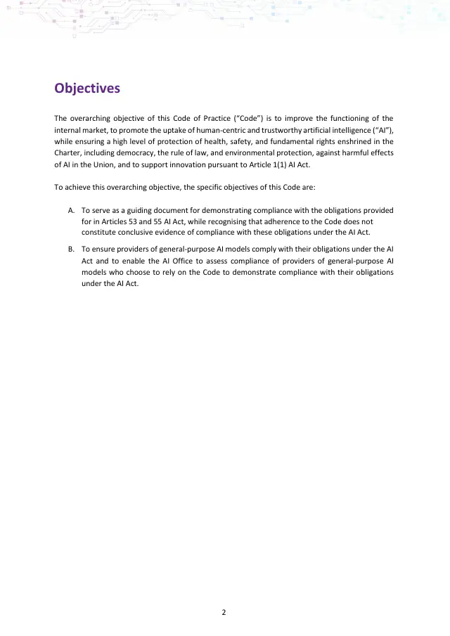 Page 2 of GPAI Code of Practice: Safety and Security chapter