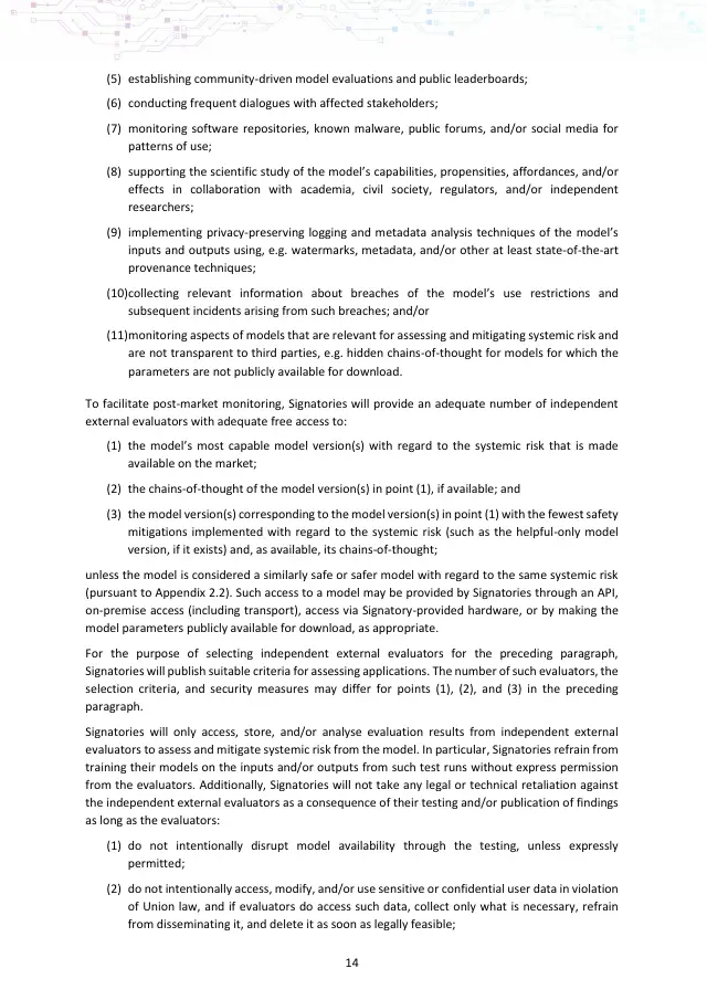 Page 14 of GPAI Code of Practice: Safety and Security chapter